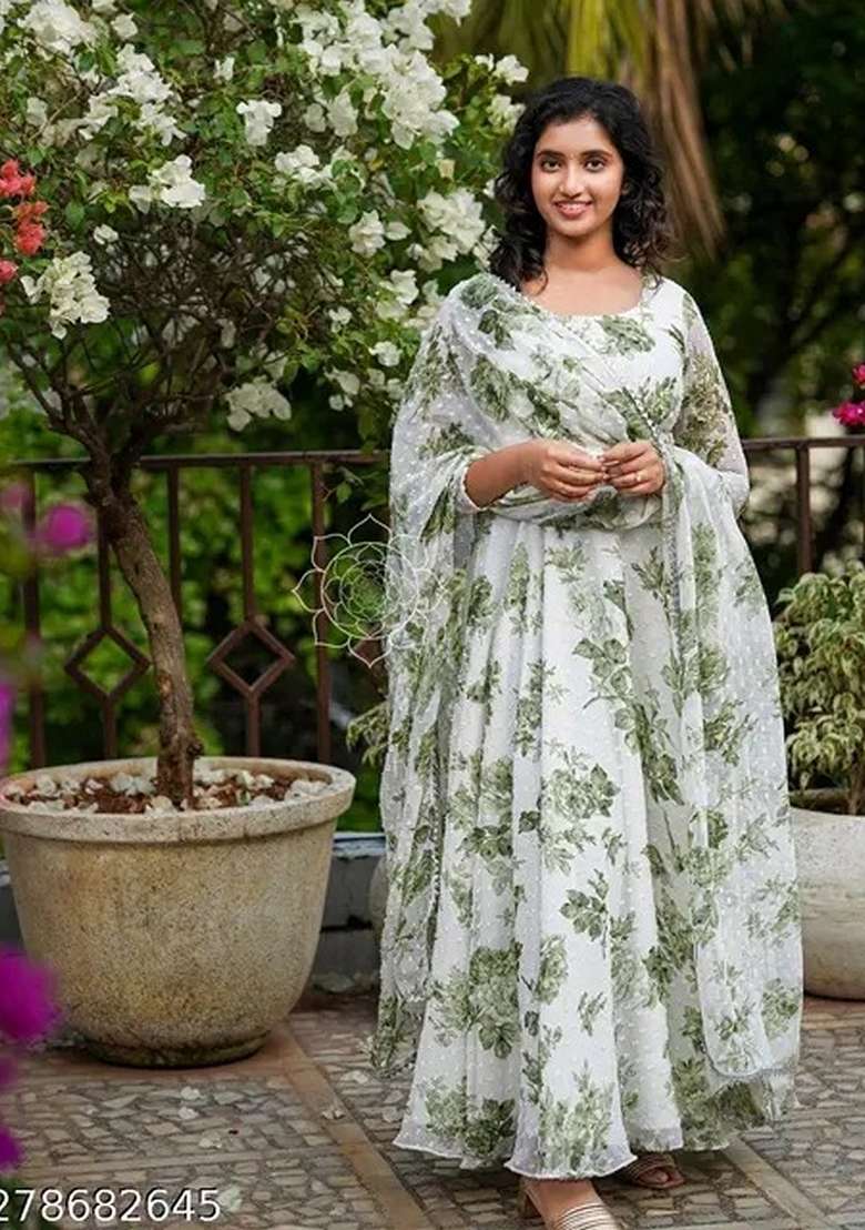 White Printed Georgette Anarkali With Dupatta With Dupatta - Indya