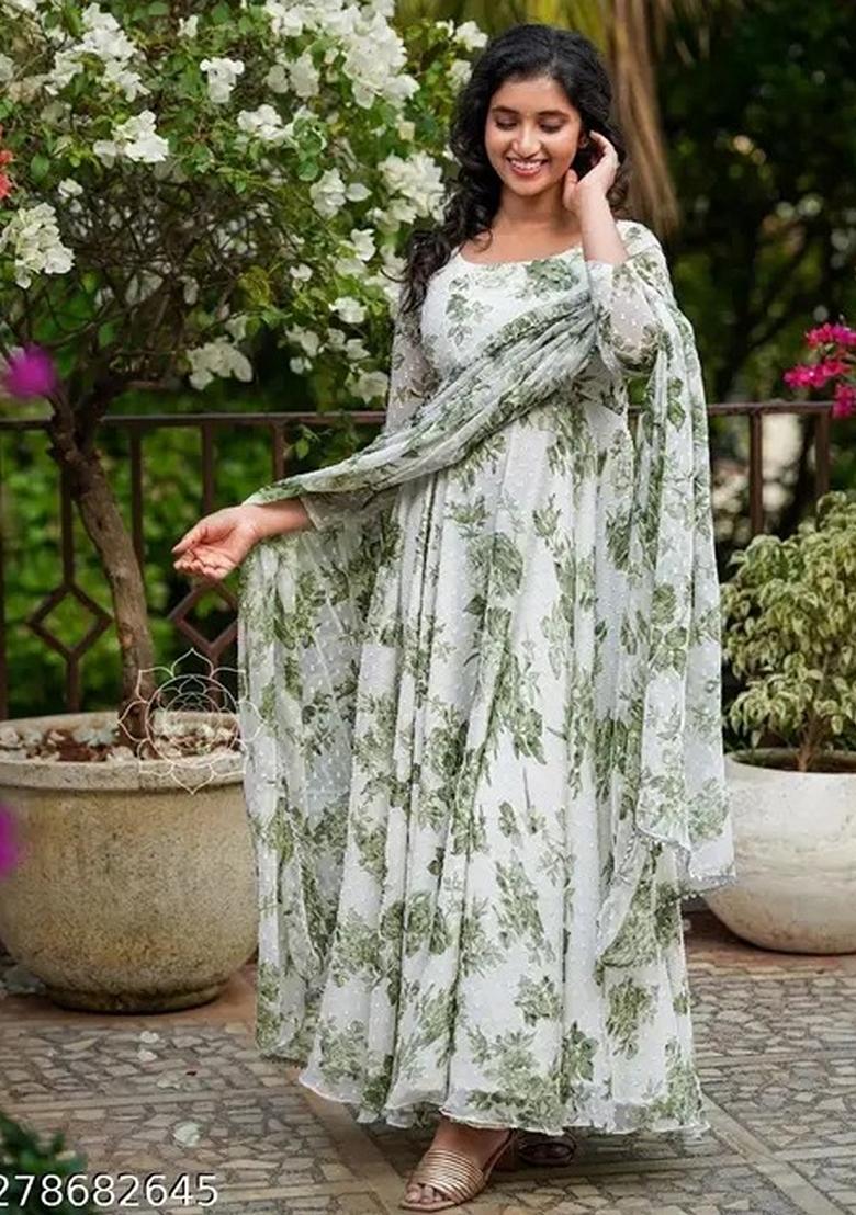 White Printed Georgette Anarkali Set With Dupatta