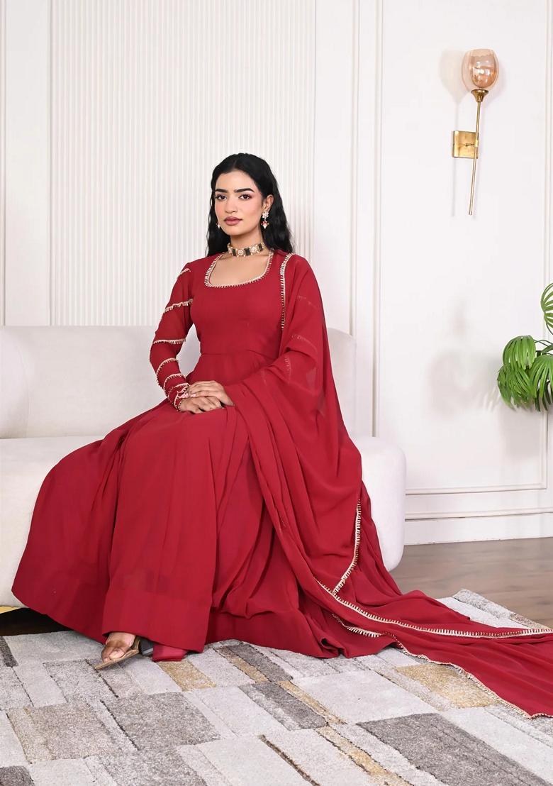 Red Embroidered Georgette Anarkali Set With Dupatta