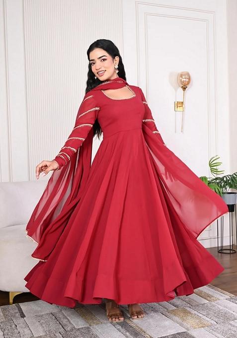 Red Embroidered Georgette Anarkali Set With Dupatta