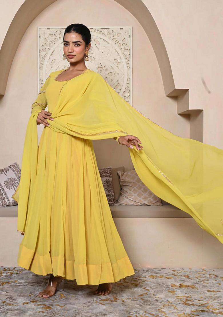 Mustard Yellow Embroidered Georgette Anarkali Set With Dupatta