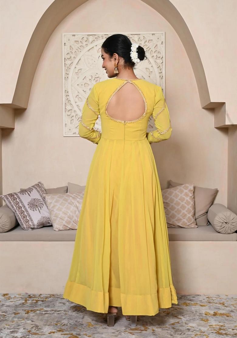 Mustard Yellow Embroidered Georgette Anarkali Set With Dupatta