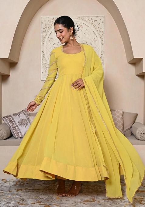 Mustard Yellow Embroidered Georgette Anarkali Set With Dupatta