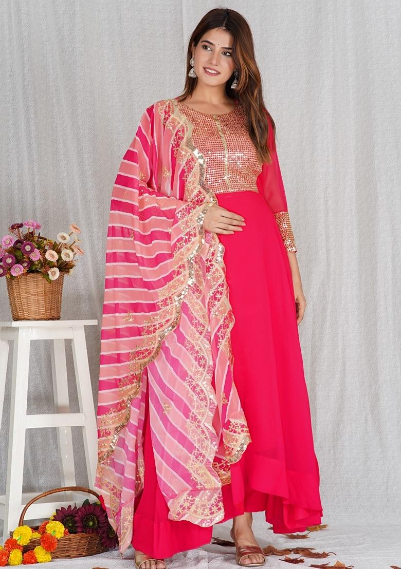Pink Sequence Work Georgette Anarkali Set With Dupatta