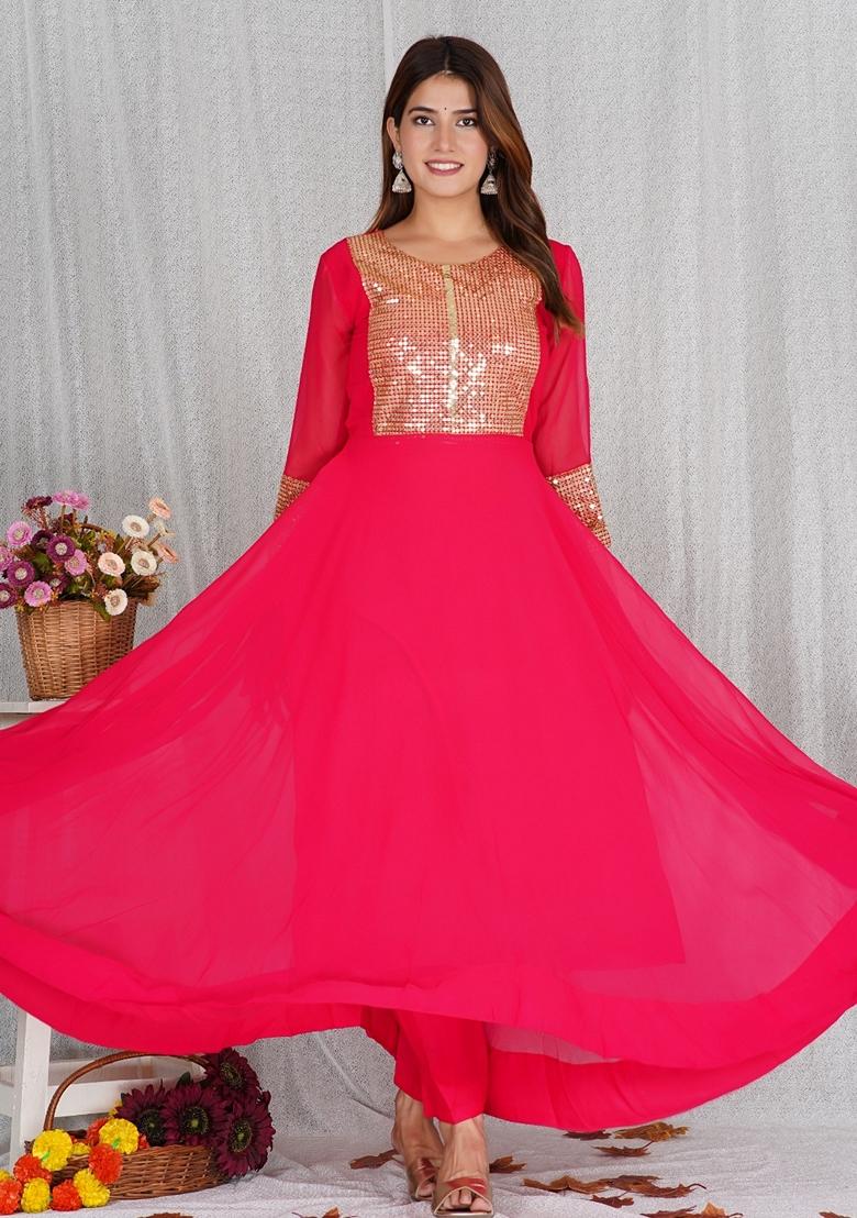 Pink Sequence Work Georgette Anarkali Set With Dupatta