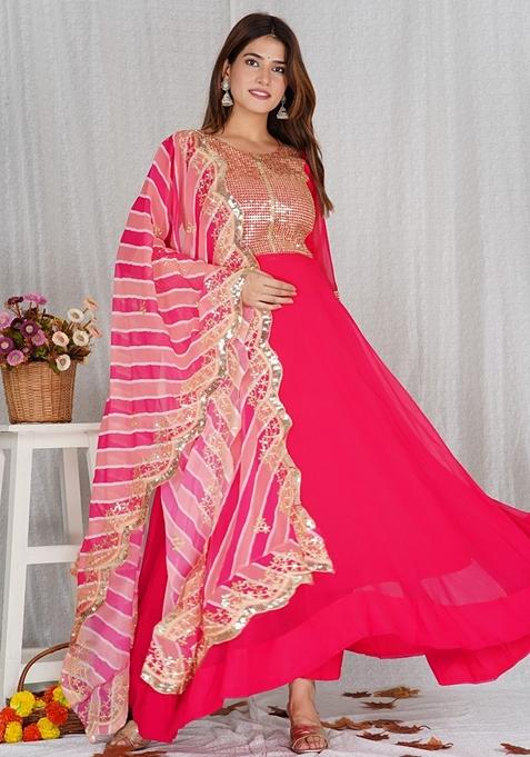 Pink Sequence Work Georgette Anarkali Set With Dupatta