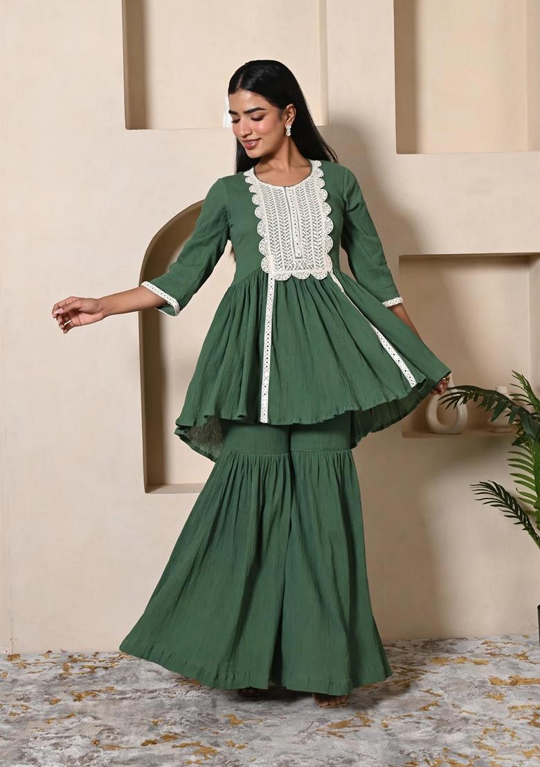 Dark Green Embroidered Cotton Sharara Set