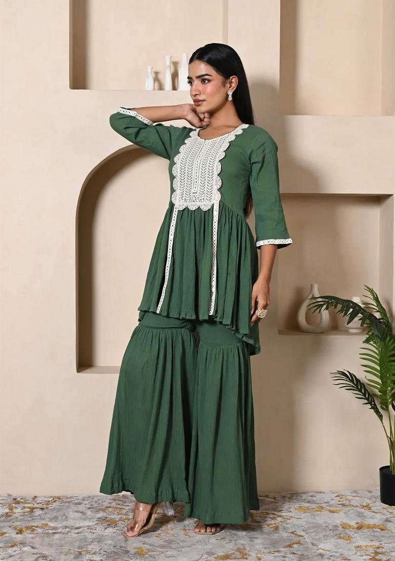 Dark Green  Embroidered Cotton Sharara Set
