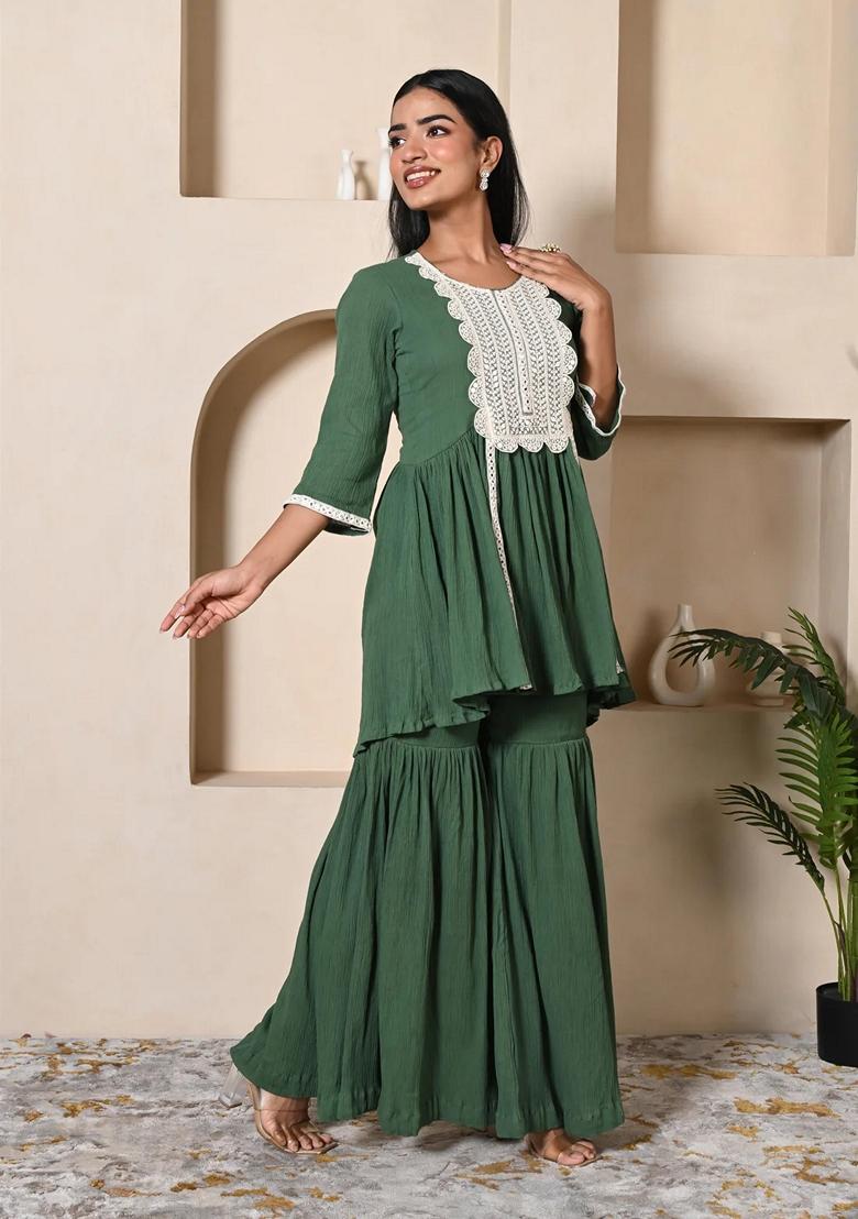 Dark Green  Embroidered Cotton Sharara Set