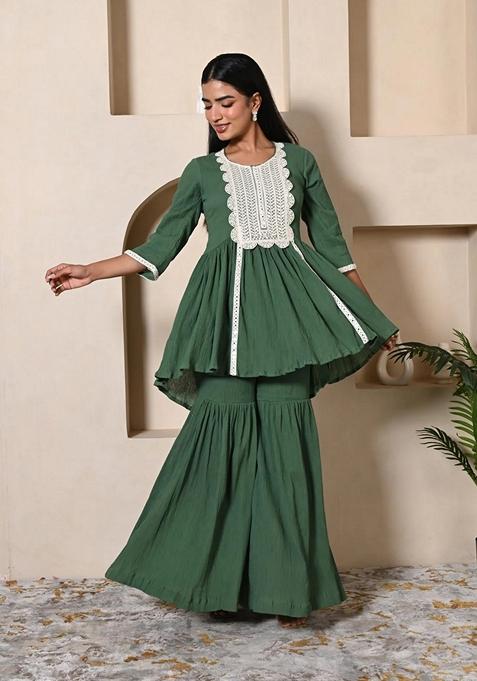 Dark Green  Embroidered Cotton Sharara Set