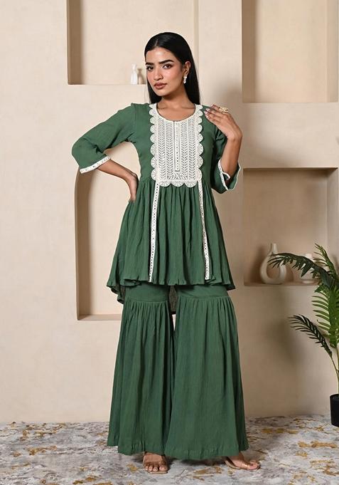 Dark Green Embroidered Cotton Sharara Set