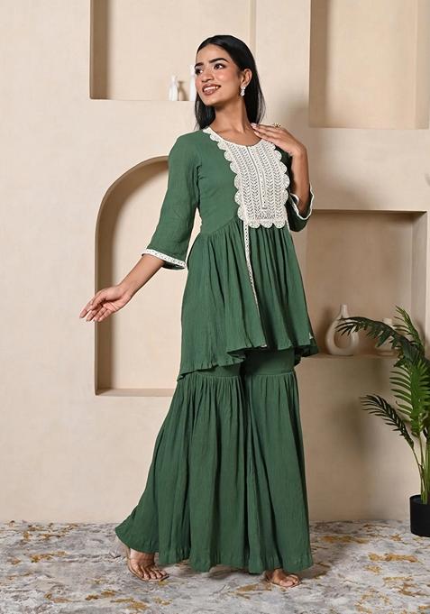 Dark Green Embroidered Cotton Sharara Set