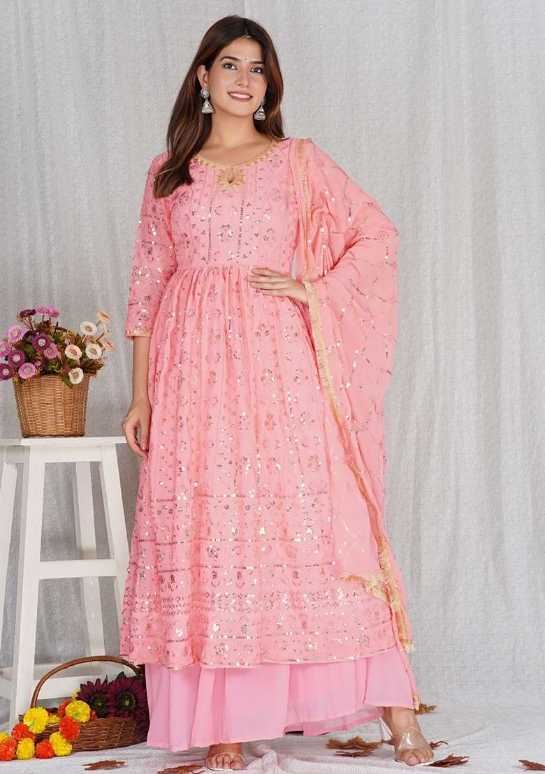 Peach Embroidered Georgette Anarkali Set - Indya