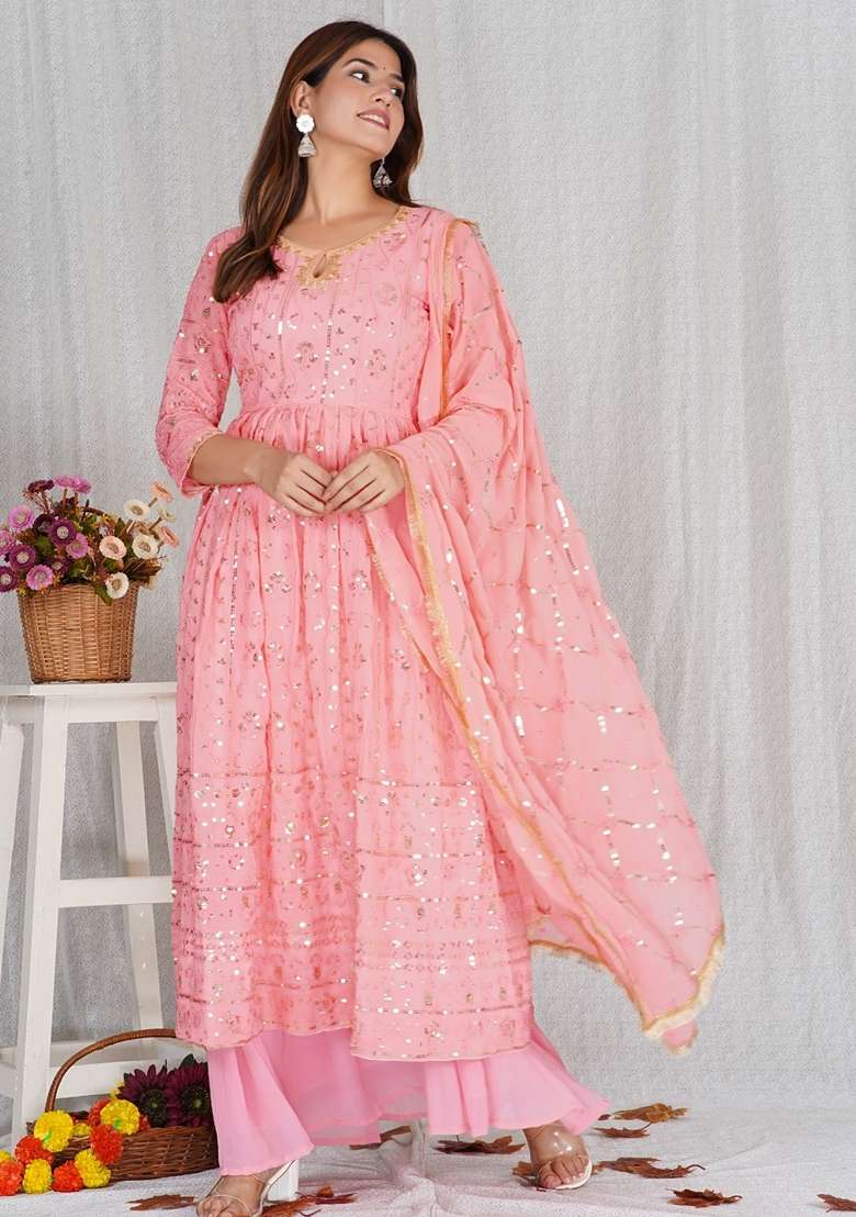 Peach Embroidered Georgette Anarkali Set - Indya