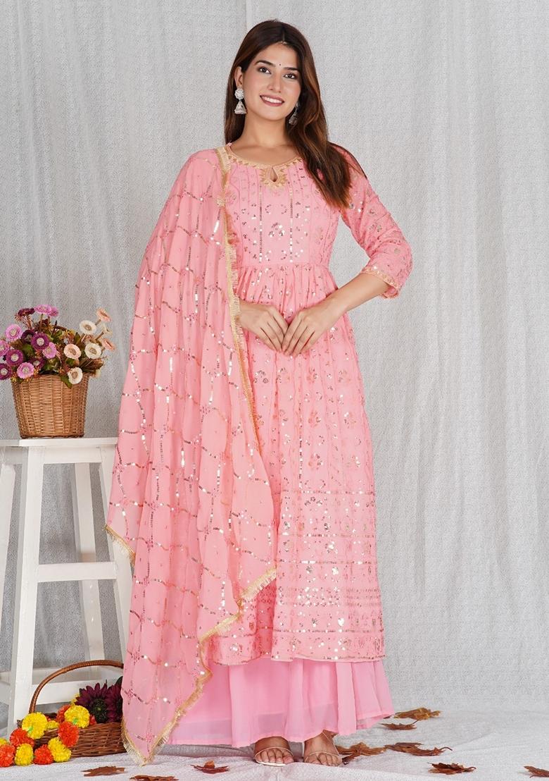 Peach Sequence Work Georgette Anarkali Set