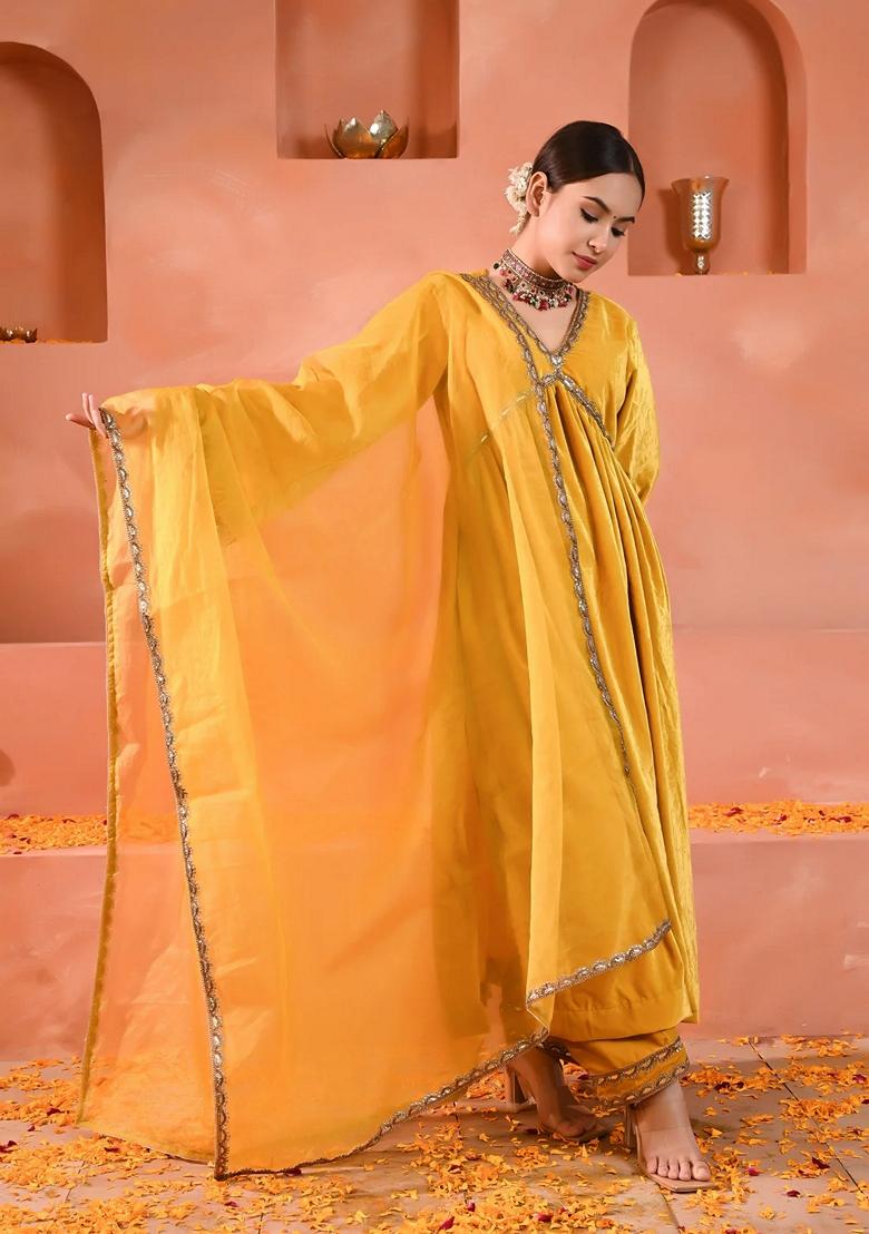 Yellow Embroidered Velvet Anarkali Set With Dupatta