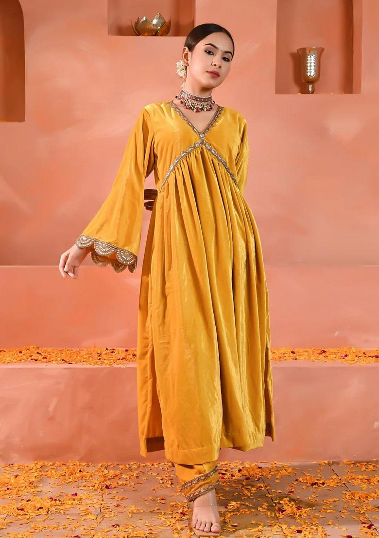 Yellow Embroidered Velvet Anarkali Set With Dupatta