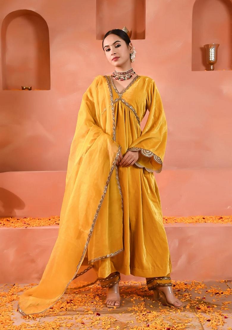 Yellow Embroidered Velvet Anarkali Set With Dupatta
