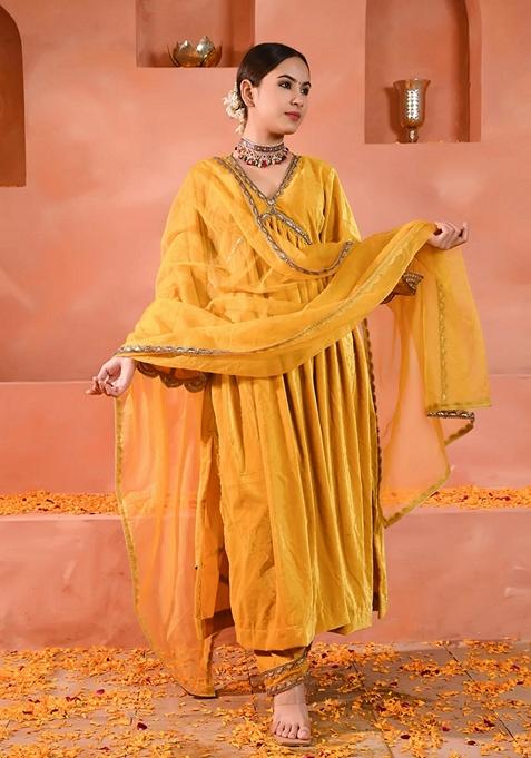 Yellow Embroidered Velvet Anarkali Set With Dupatta