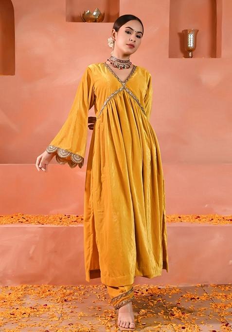 Yellow Embroidered Velvet Anarkali Set With Dupatta