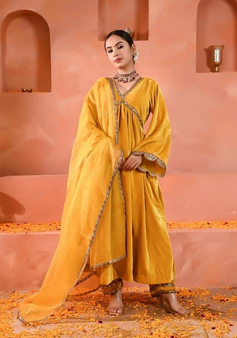 Yellow Embroidered Velvet Anarkali Set With Dupatta