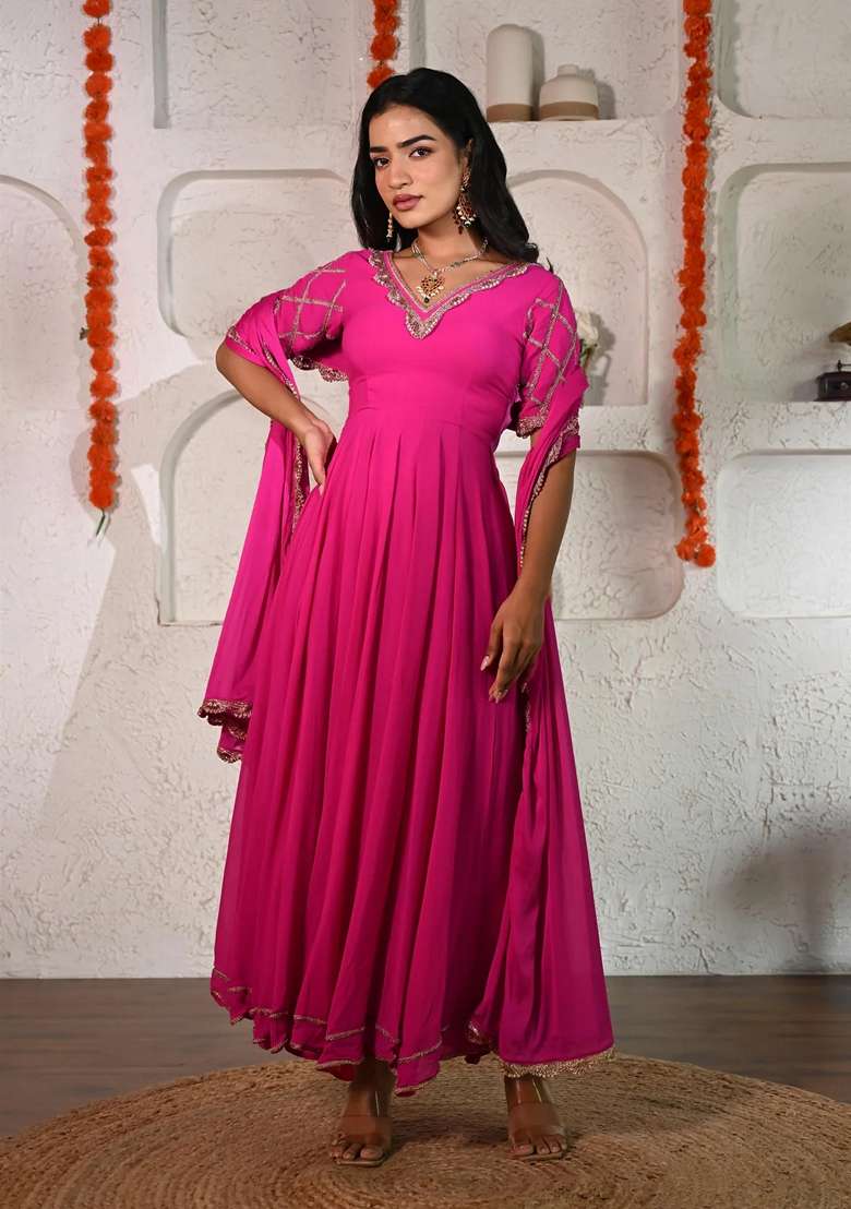 Pink Embroidered Georgette Anarkali Set - Indya