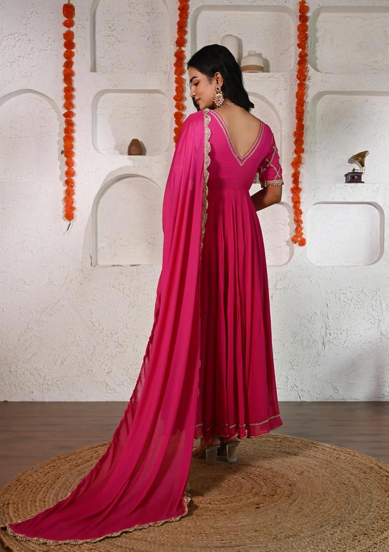 Pink Embroidered Georgette Anarkali Set With Dupatta