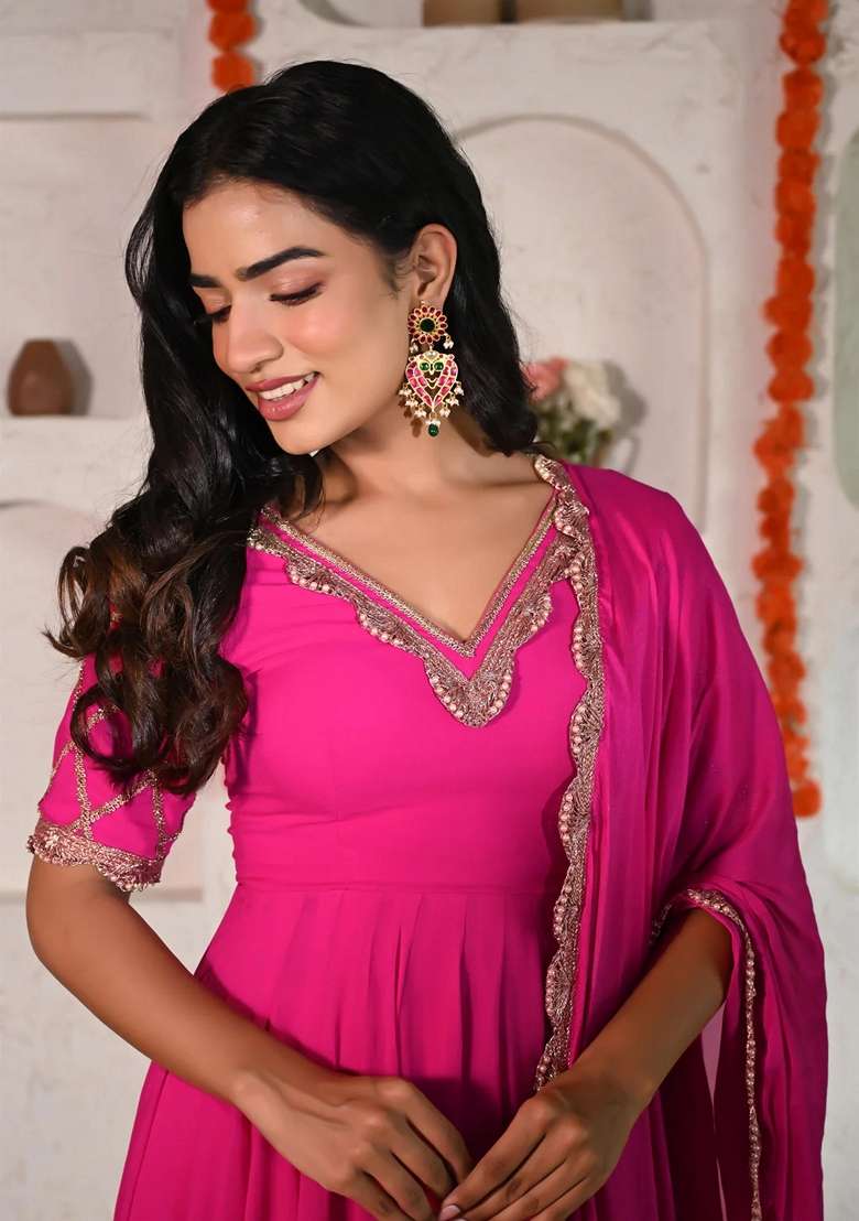 Pink Embroidered Georgette Anarkali Set - Indya