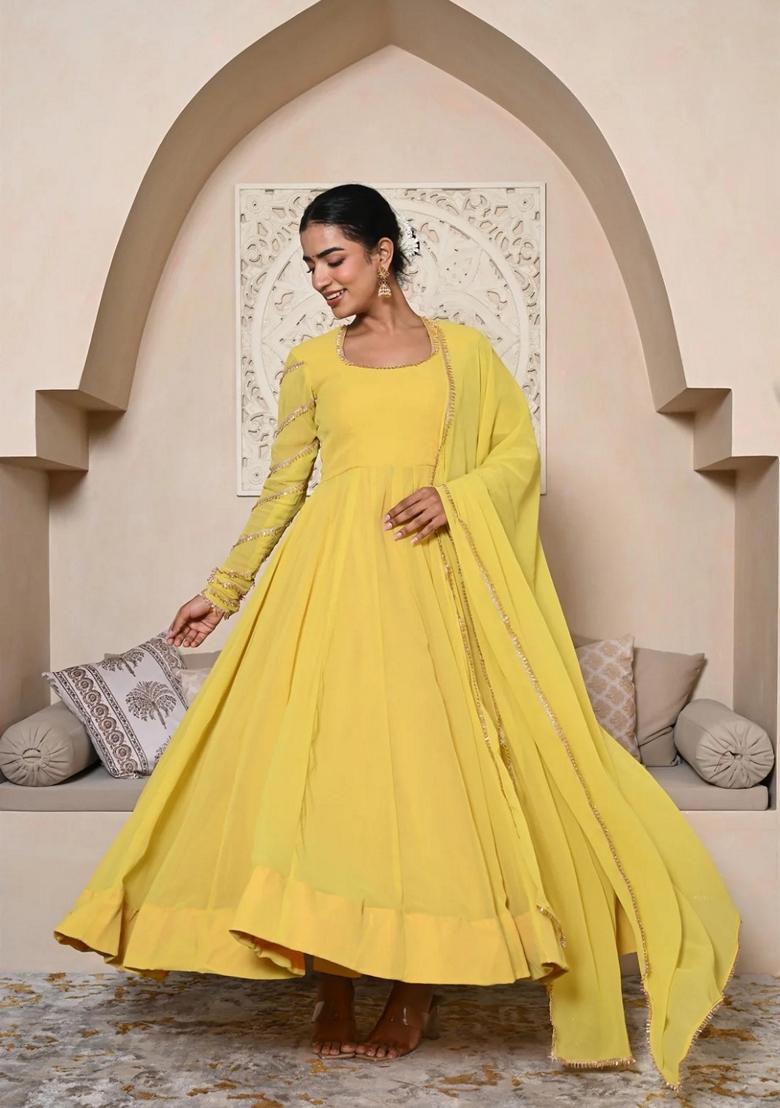 Yellow Embroidered Georgette Anarkali Set With Dupatta