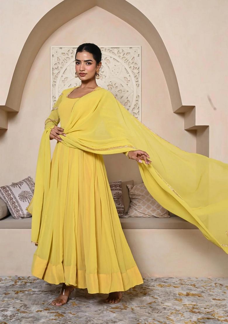 Yellow Embroidered Georgette Anarkali Set With Dupatta