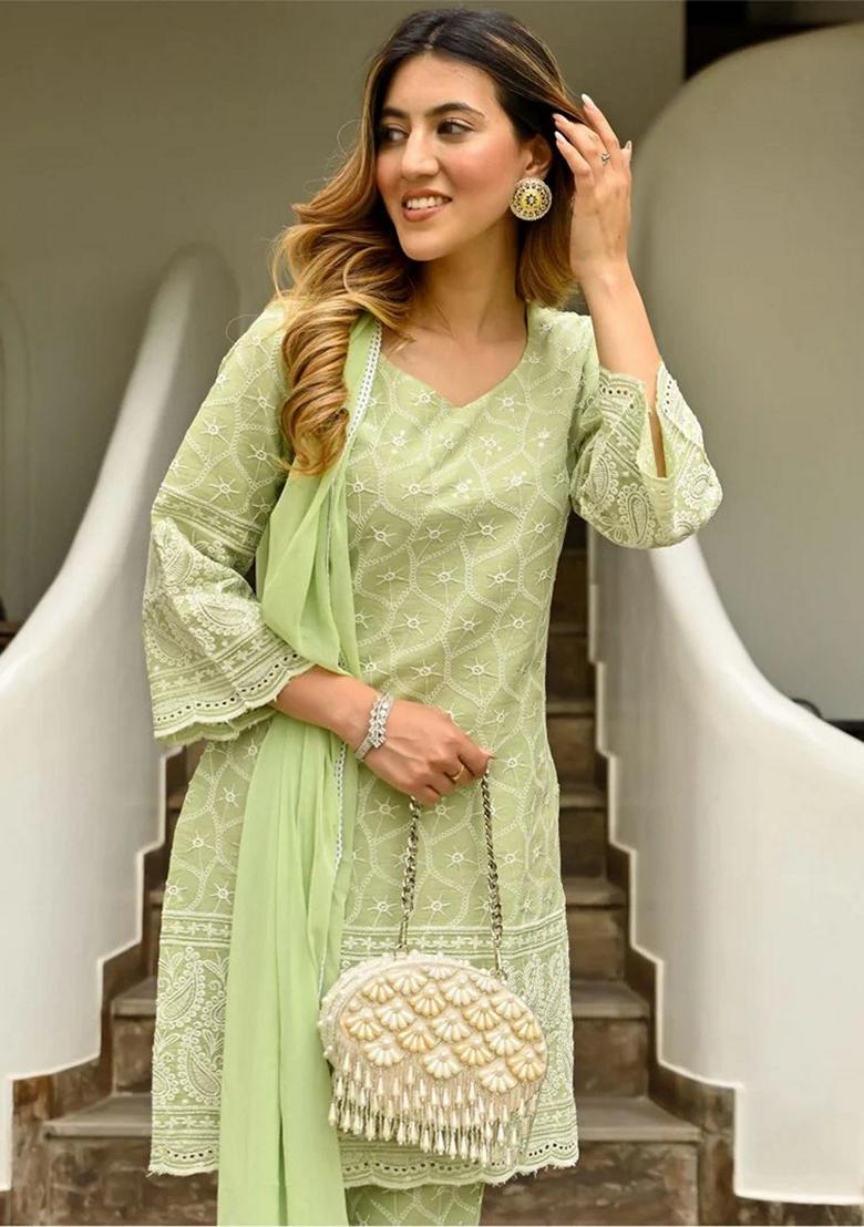 Green  Embroidered Chikankari Salwar Kameez With Dupatta