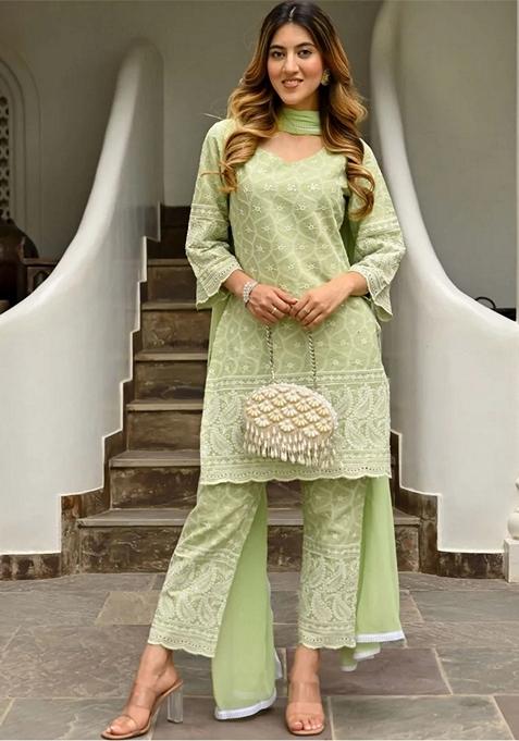 Green  Embroidered Chikankari Salwar Kameez With Dupatta