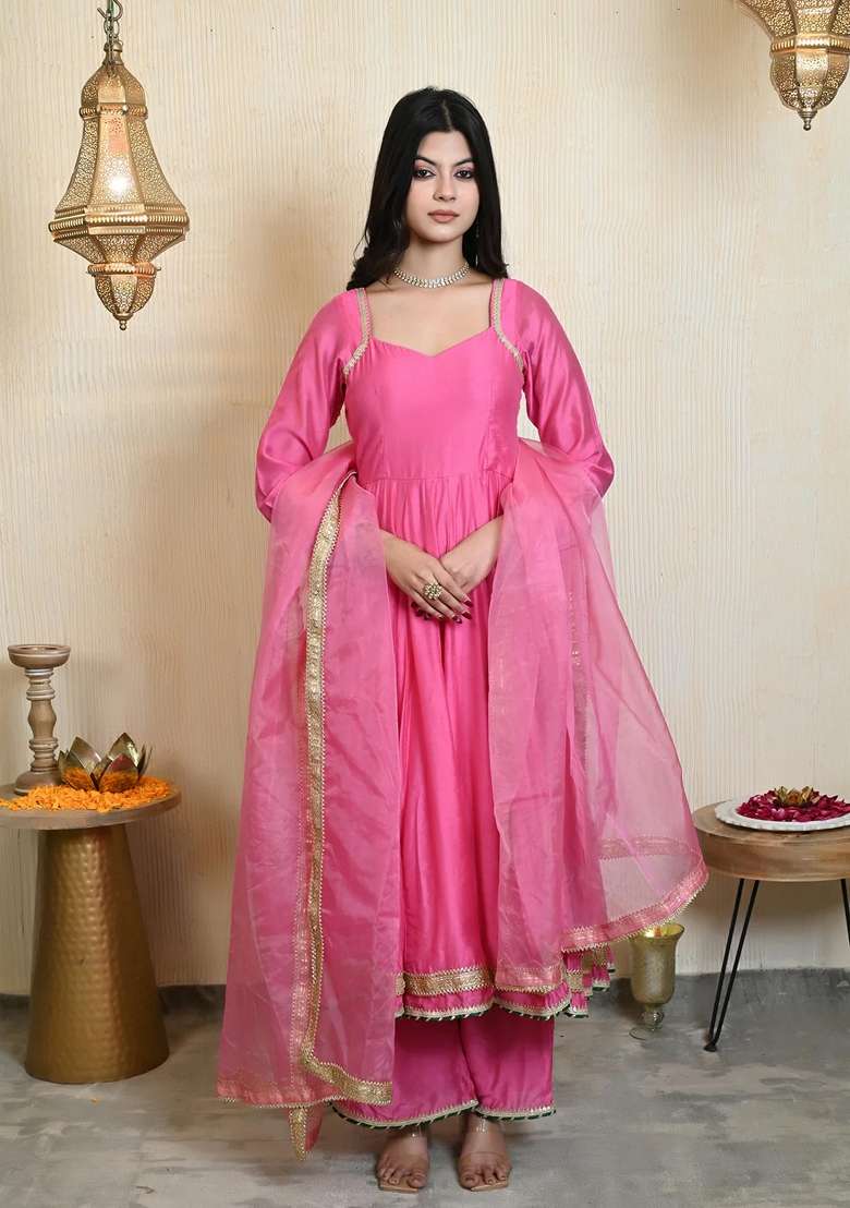Pink Solid Chanderi Anarkali Set - Indya