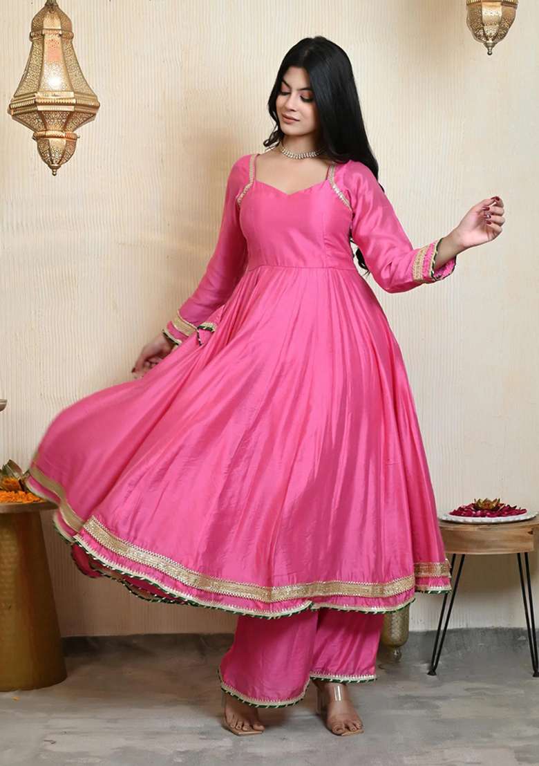 Pink Solid Chanderi Anarkali Set - Indya