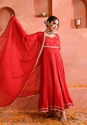 Red Embroidered Georgette Anarkali Set With Dupatta