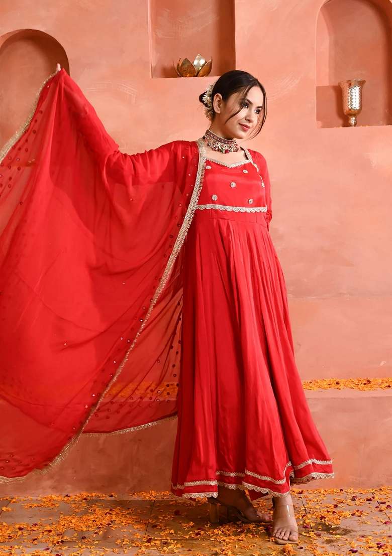 Red Embroidered Georgette Anarkali Set - Indya