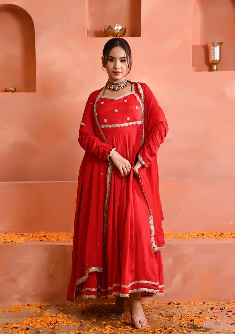 Red Embroidered Georgette Anarkali Set With Dupatta