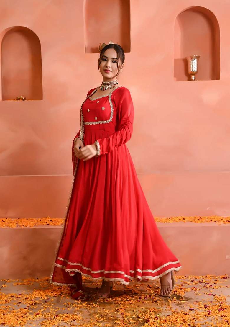 Red Embroidered Georgette Anarkali Set - Indya
