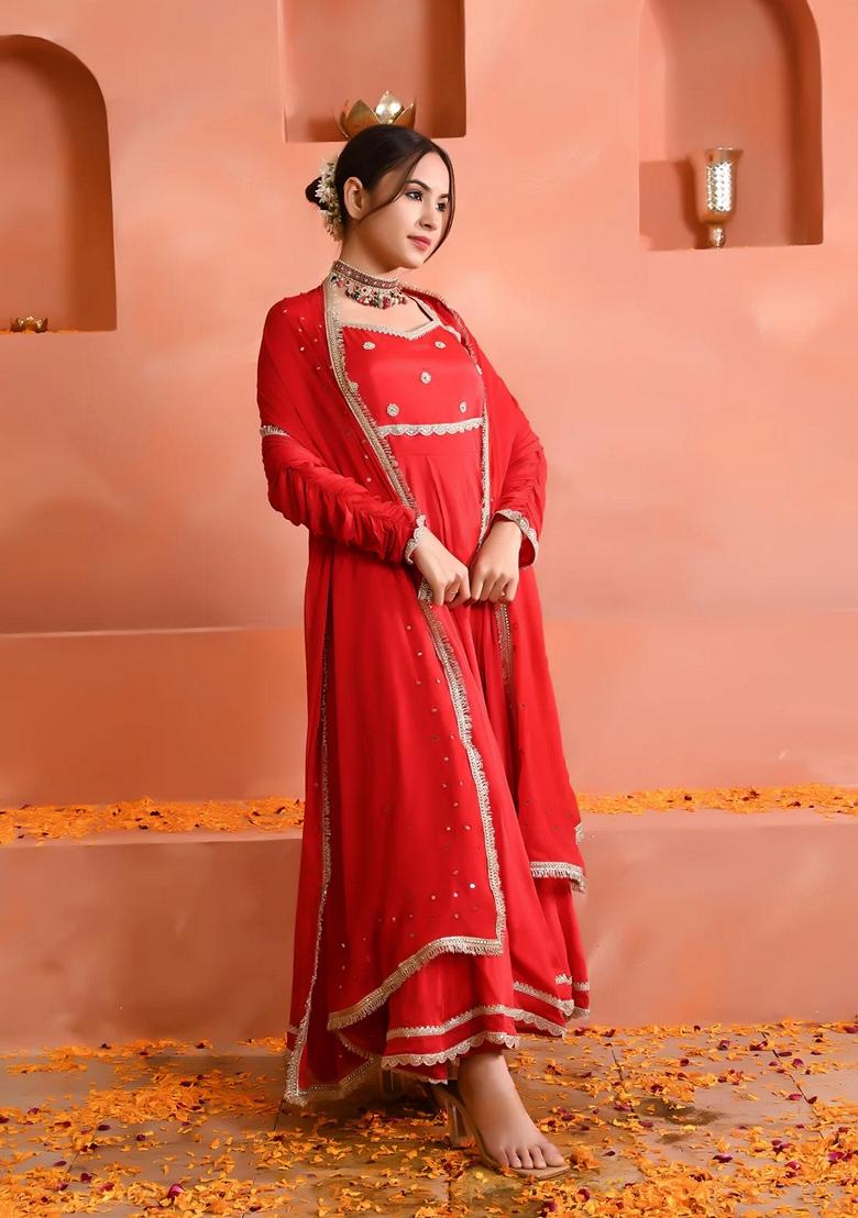 Red Embroidered Georgette Anarkali Set With Dupatta