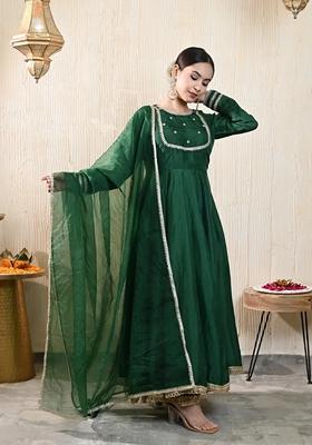 Dark Green  Embroidered Georgette Anarkali Set With Dupatta