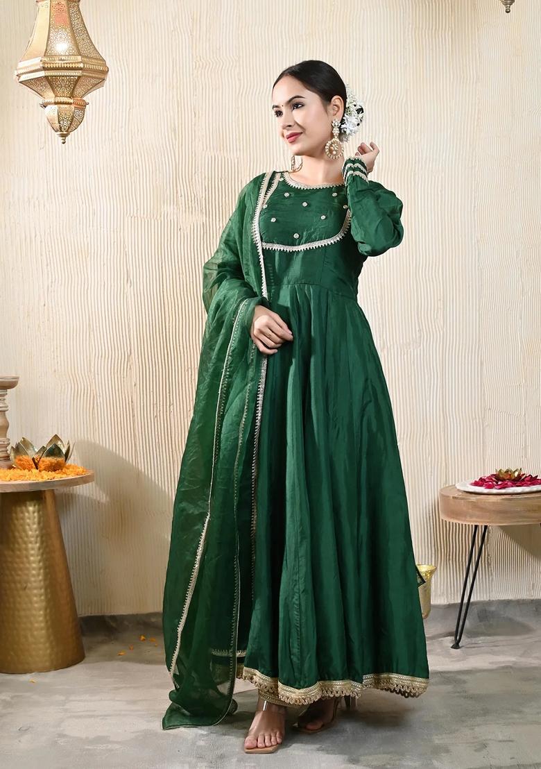 Dark Green Embroidered Georgette Anarkali Set With Dupatta