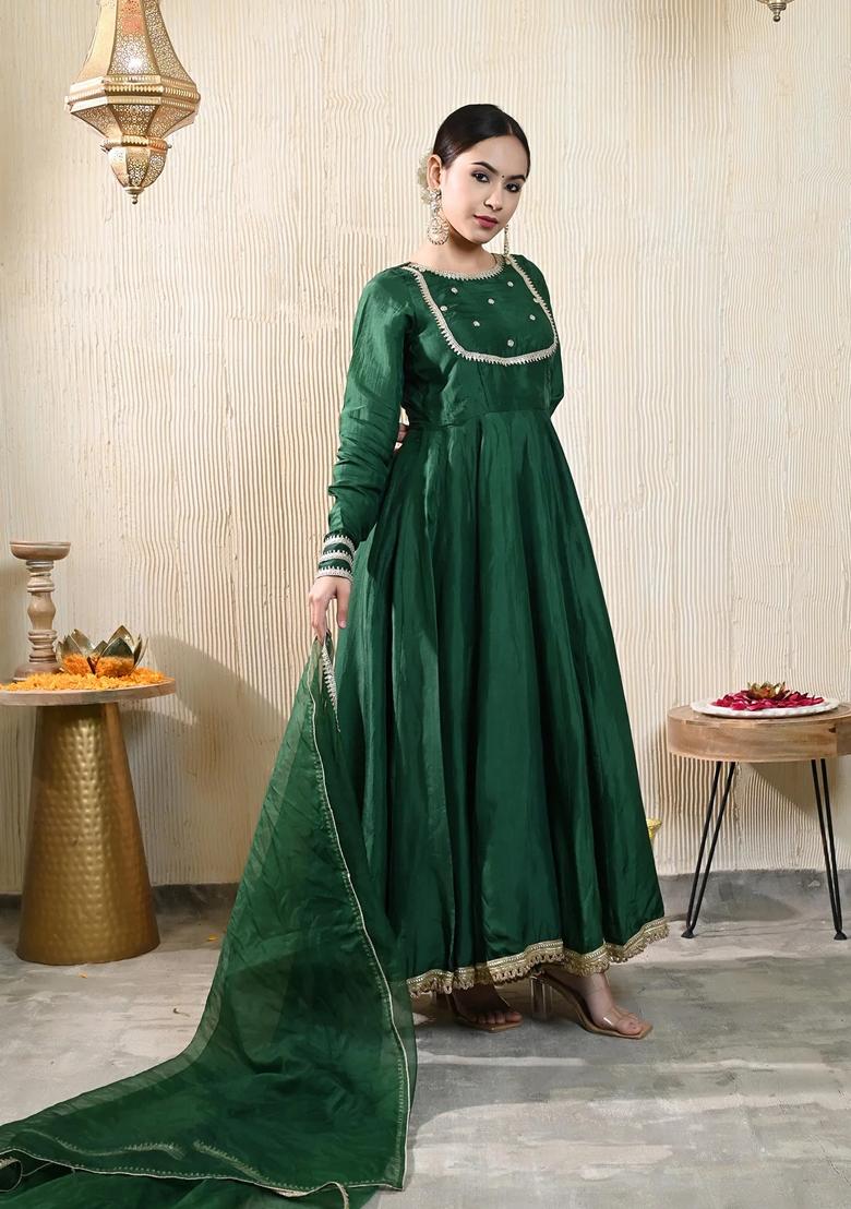 Dark Green Embroidered Georgette Anarkali Set With Dupatta