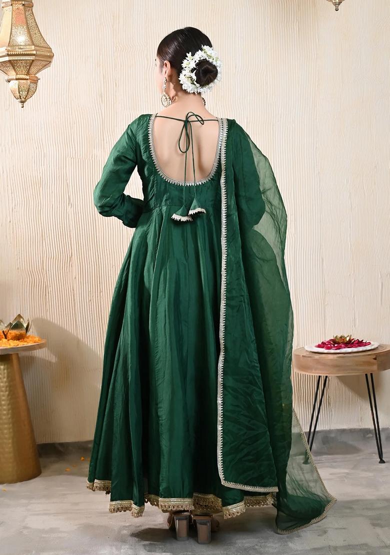 Dark Green Embroidered Georgette Anarkali Set With Dupatta