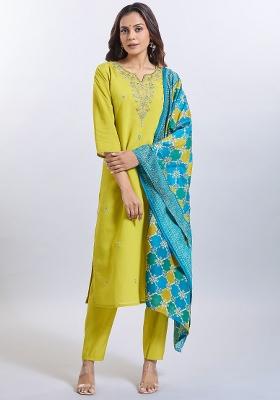 Yellow Machine Embroidered Viscose Salwar Kameez