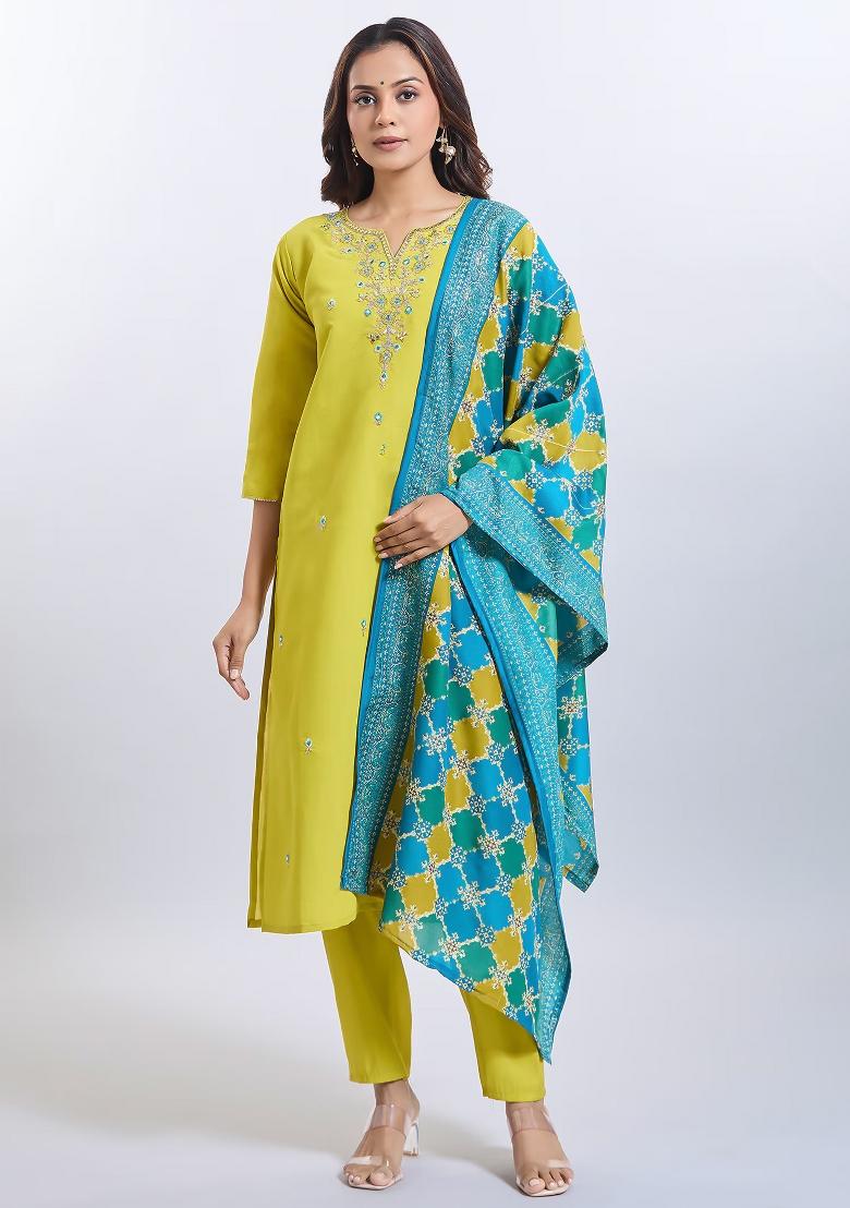 Yellow Machine Embroidered Viscose Salwar Kameez