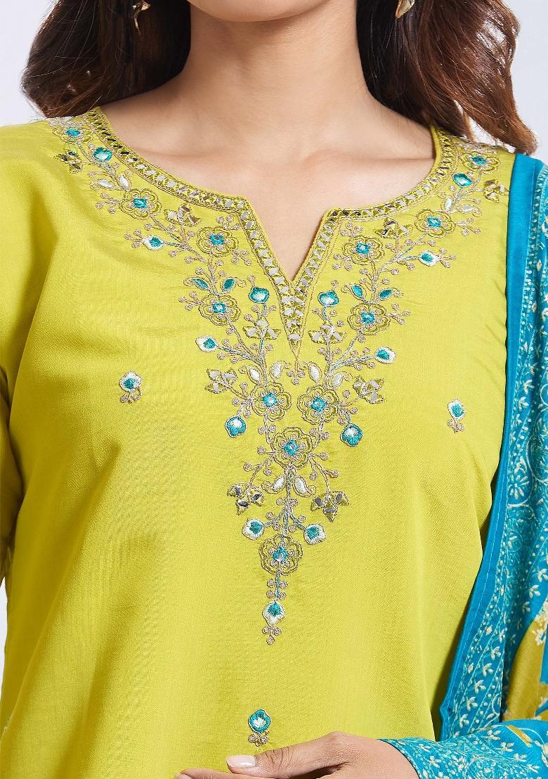 Yellow Machine Embroidered Viscose Salwar Kameez