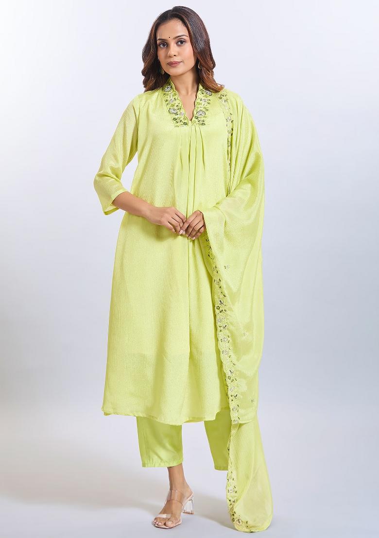 Yellow Machine Embroidered Viscose Salwar Kameez