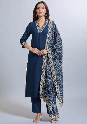 Blue Machine Embroidered Viscose Salwar Kameez