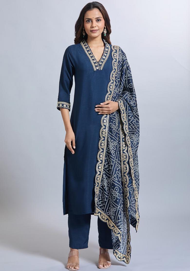 Blue Machine Embroidered Viscose Salwar Kameez