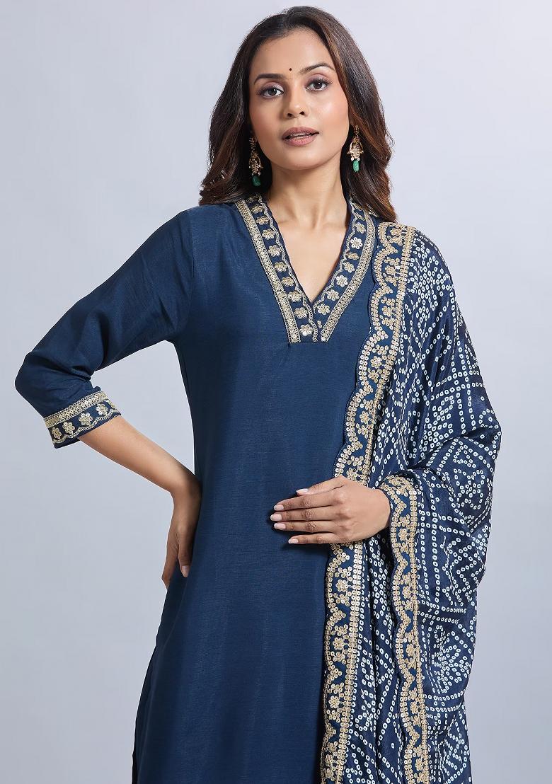 Blue Machine Embroidered Viscose Salwar Kameez